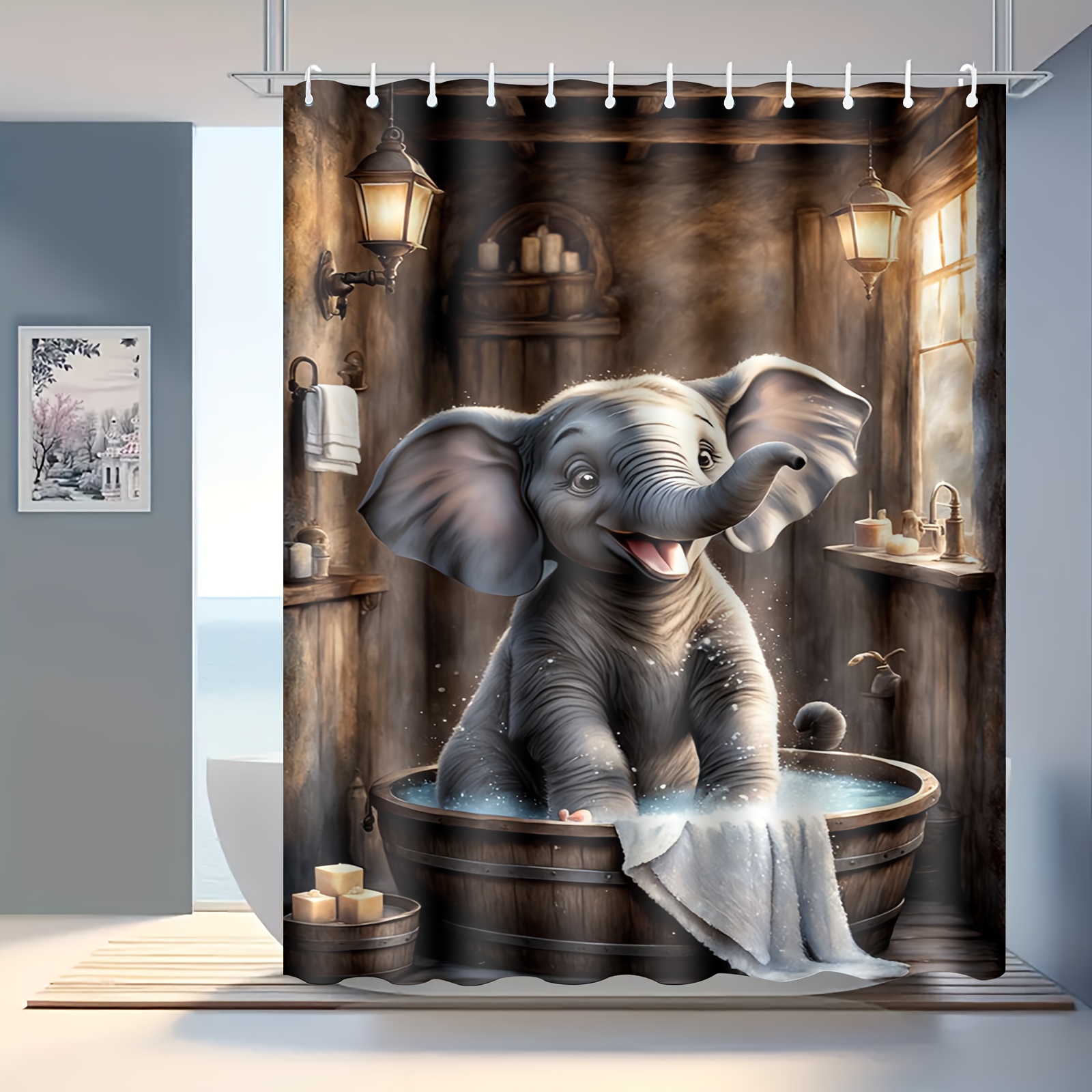 

Adorable Elephant Bath Shower Curtain Set With Hooks - Waterproof, Lightweight Polyester, Semi-, Bathroom Decor & - Includes 12 White Plastic Hooks