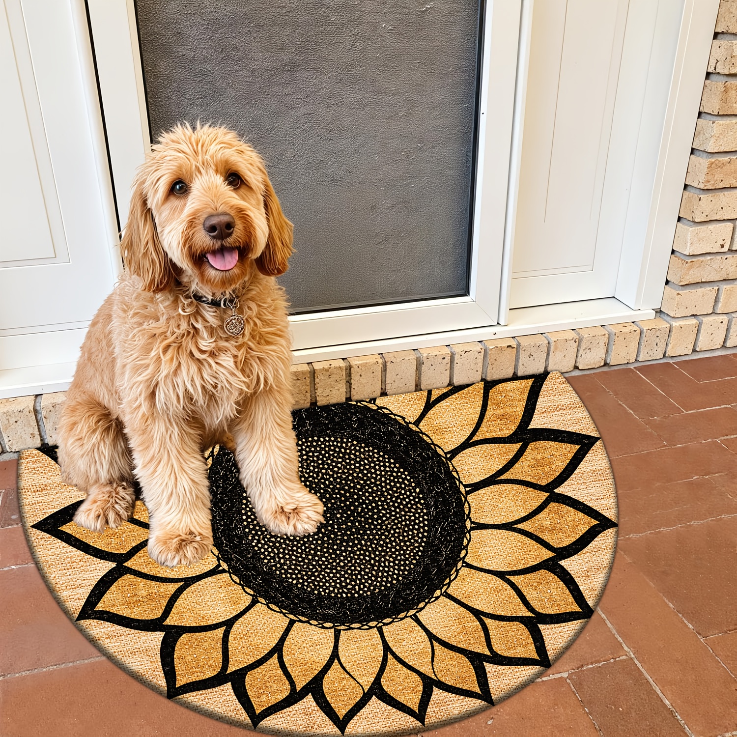 TEMU [ Product] [fleece And 1cm Thick Sponge Material] Fun Half-round Doormat | Sunflower Pattern Printed Half-round Mat, Suitable For Bedroom,