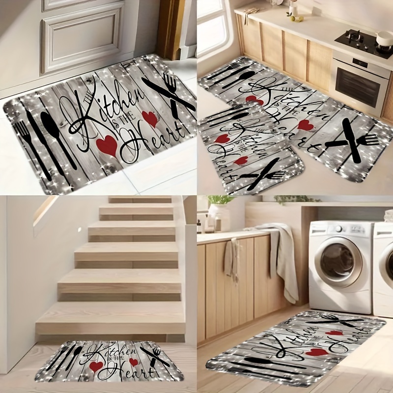 

2-piece Kitchen Mat Set Non-slip Backing, Knit Polyester Bath Rugs With Utensil And Heart Design, Quick-dry, Rectangle Shape, Comfortable And Durable - "kitchen Is The " Pattern