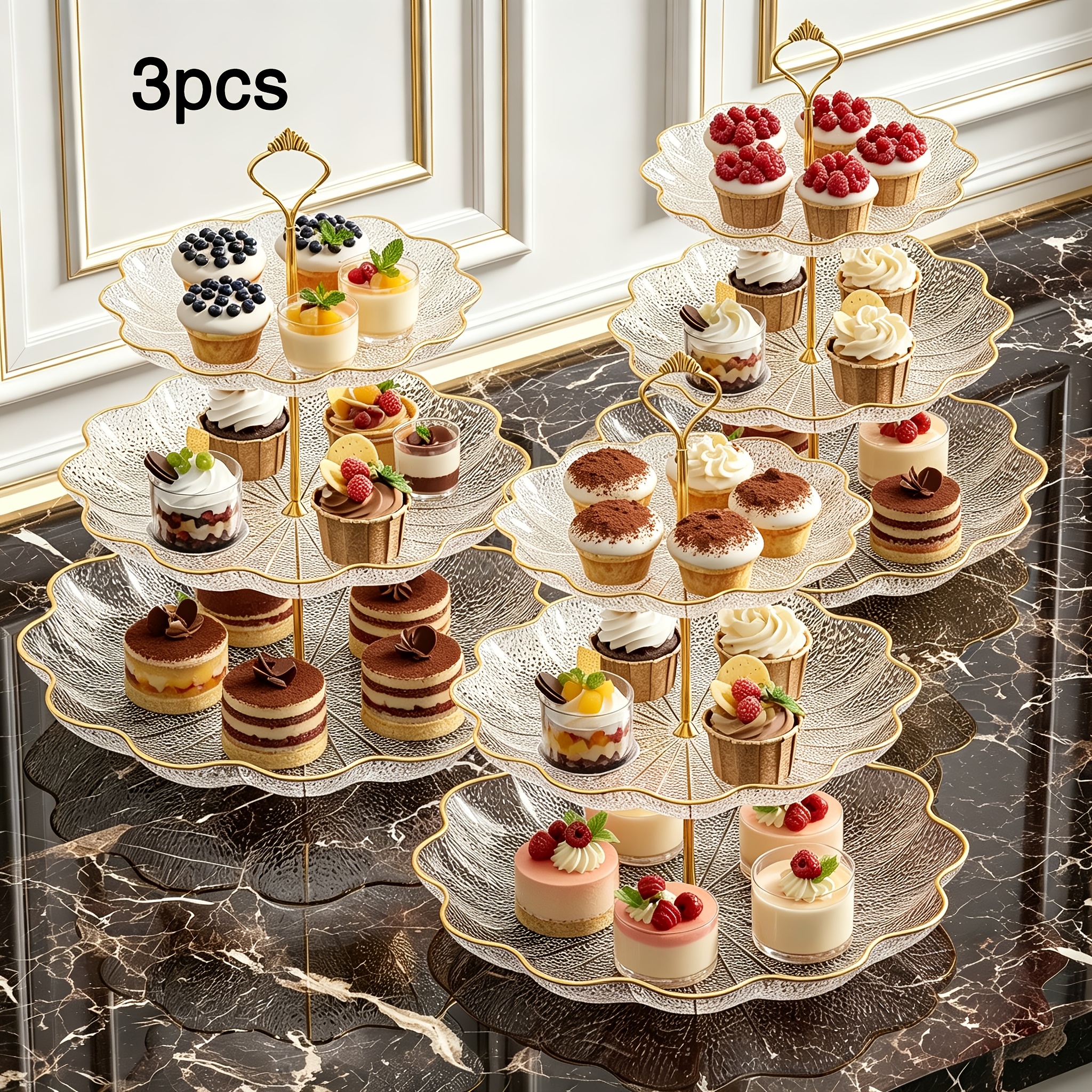 Image of 3pcs Three-tier Transparent Dessert Stand With , Pet -shaped Storage Tray Display Rack, Reusable Multi-tier Cupcake Stand With Luxury Golden Handles, Snack Storage Rack, Exquisite Pastry Display Stand