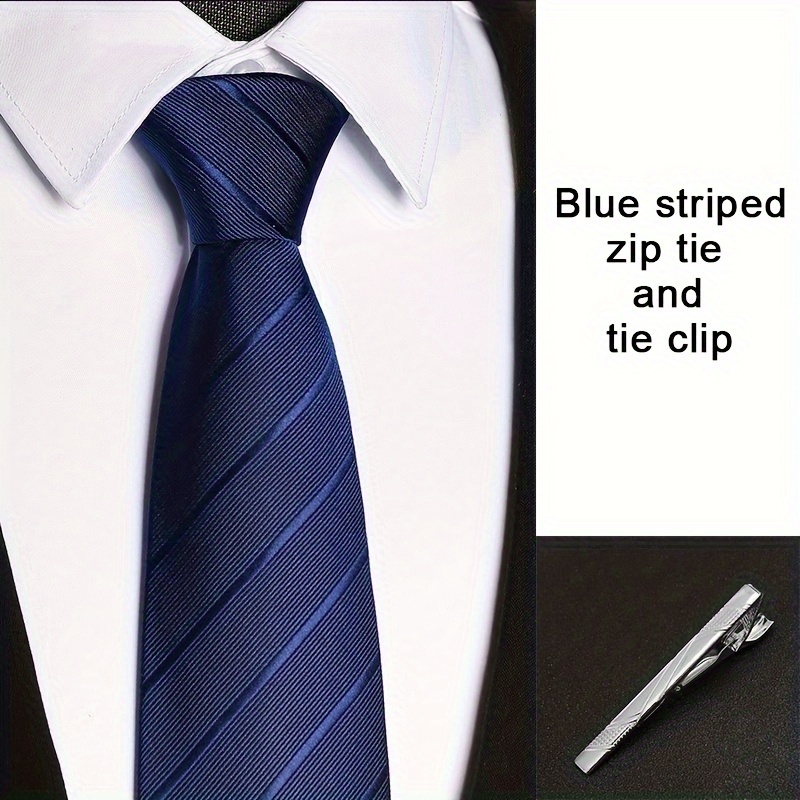Image of 2pcs/set Men's No-tie Zipper Business Tie Set, One-button Instant Tie, No Knotting, 8cm/3.15in Fashion Striped Multicolor Ties For Business Events, Weddings, Interviews, Work, Etc., Ideal Gift