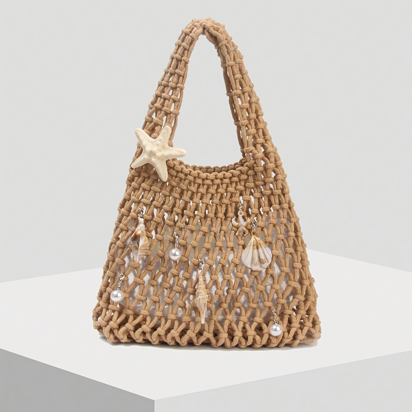 TEMU Bolso de Tela de Base de de Malla de Ganchillo de Hilo de Poliéster de Un Solo Paquete, Bolso Tejido de Cuerda Sólida Multicolor, Estilo Lindo