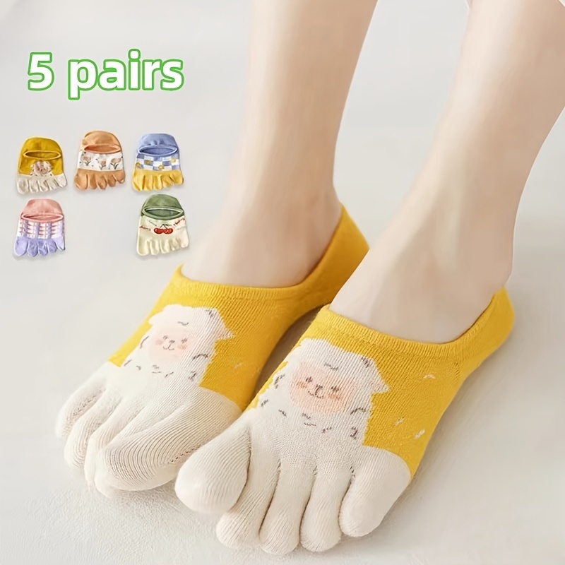 

5 Pairs Cartoon Lamb & Cherry Socks, Cute & Breathable Low Cut 5 Fingers Invisible Socks, Women's Stockings & Hosiery