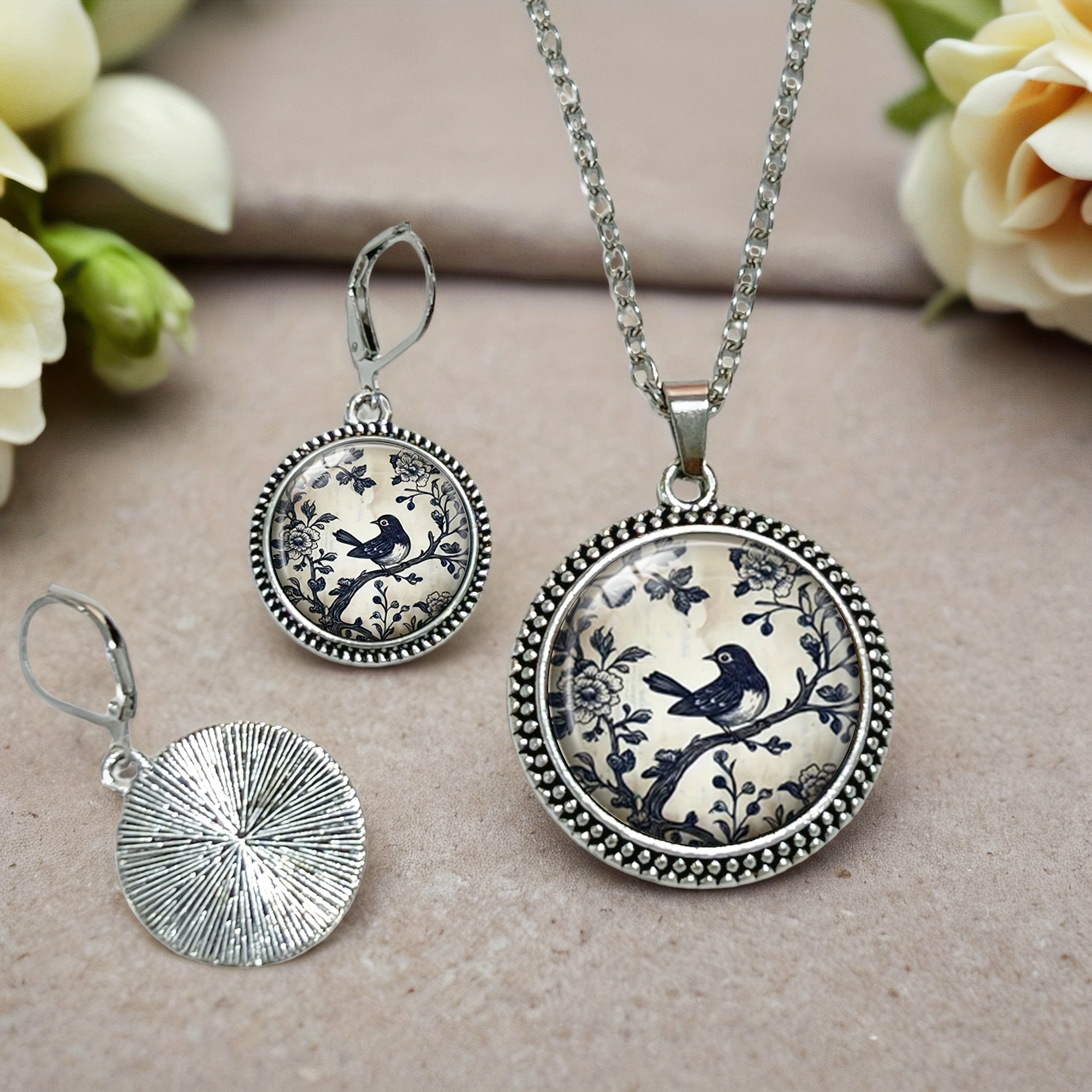 3pc Vintage Bird & Floral Necklace & Earrings Set