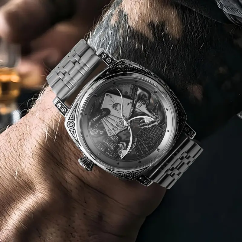 mens skeleton automatic watch vintage mechanical movement case with intricate engravings black dial roman stainless steel strap elegant for men luxury watch without battery Product details 3