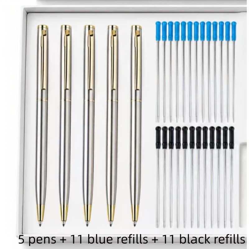 TEMU 27pcs Premium Stainless Steel Ballpoint Pen Set | 5 Business Pens + 11 Black Refills + 11 Blue Refills | Smooth Writing With Continuous Ink Flow
