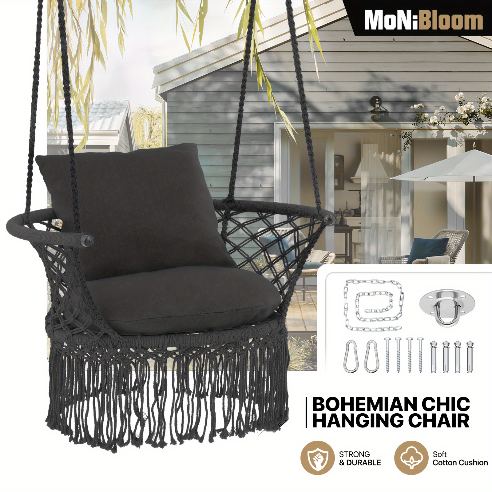 

Hanging Swing Chair, Boho Style Cotton Rope Hammock Chair W/tassels Max 350 Lbs For Bedroom, Living Room, Porch, Balcony