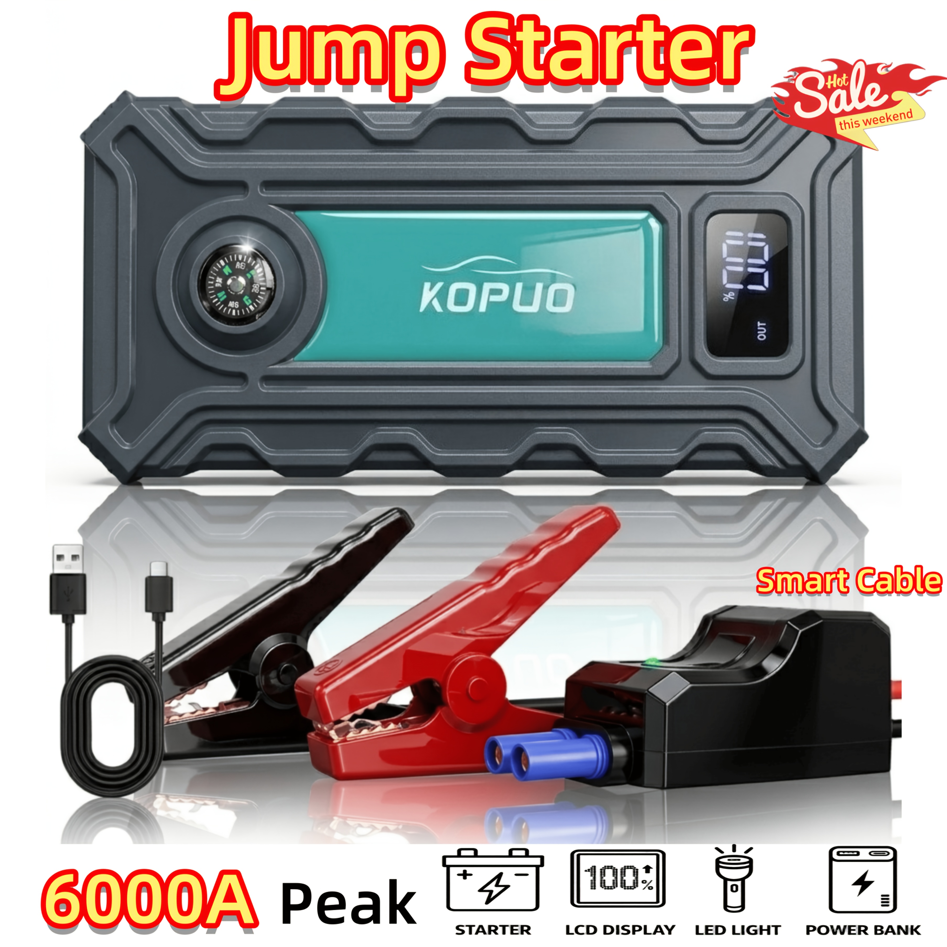 TEMU Konpcoiu 5000a/6000a Car Battery Jump Starter, Heavy Duty 12v Portable Auto Jump Box Battery (up To 9.0l Gas, 8.0l ), Advanced Lcd Display,
