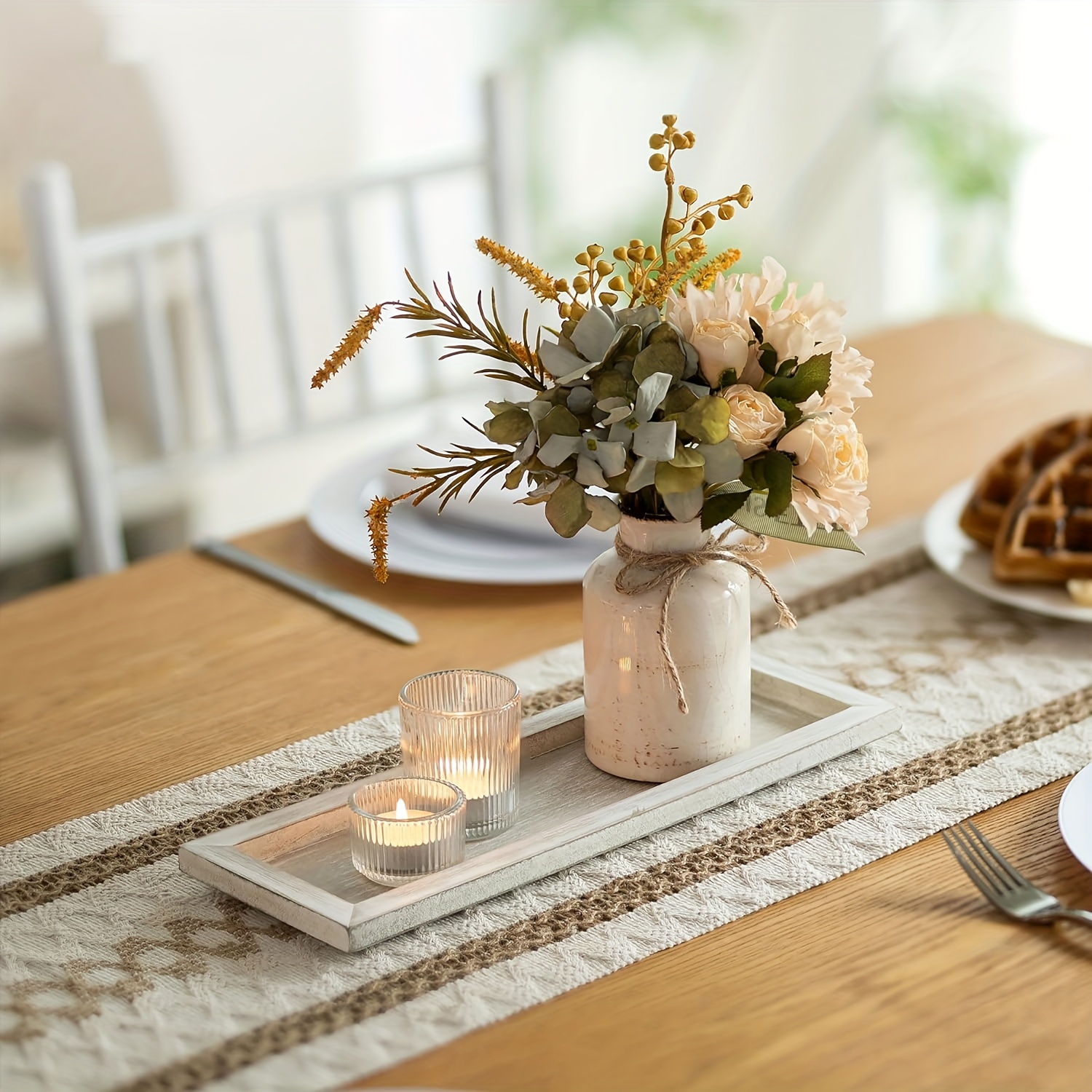1pc Large Wood Narrow Tray Table Bohemian Farmhouse Whitewashed  Solid Wood Plate, Rustic Grain for coffee Table, Dining, Kitchen Decor