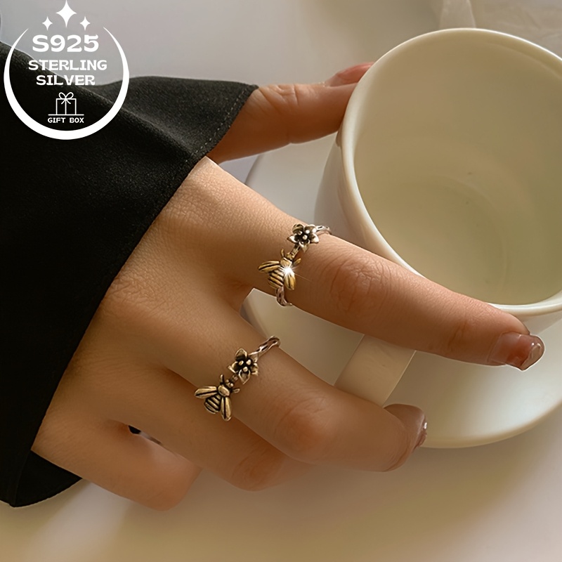 Vintage Boho 925 Sterling Silver Open Ring with Bee and Flower Charms