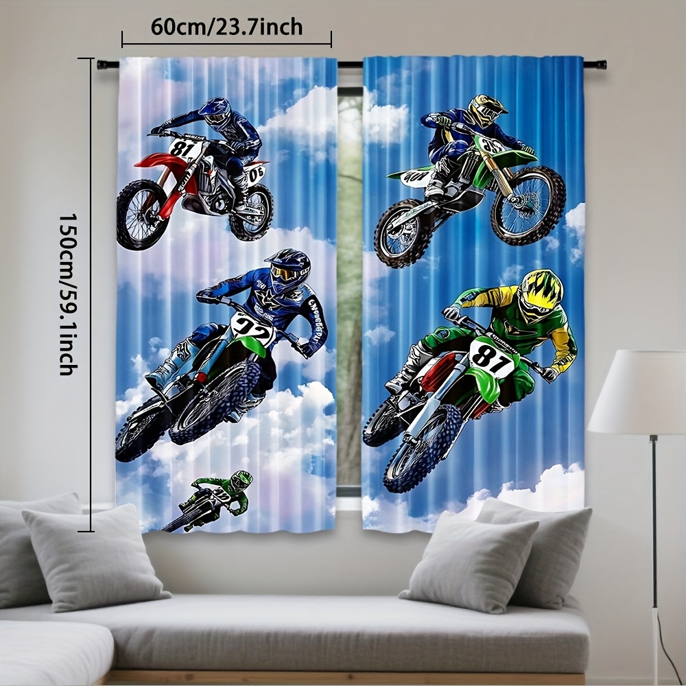 TEMU 2 pièces Rideaux de Course Moto - Draperies Fenêtre Motocross avec Scène du Pilote, Voilage Semi-Opaque Filtrant pour Chambre à Coucher, Salon,