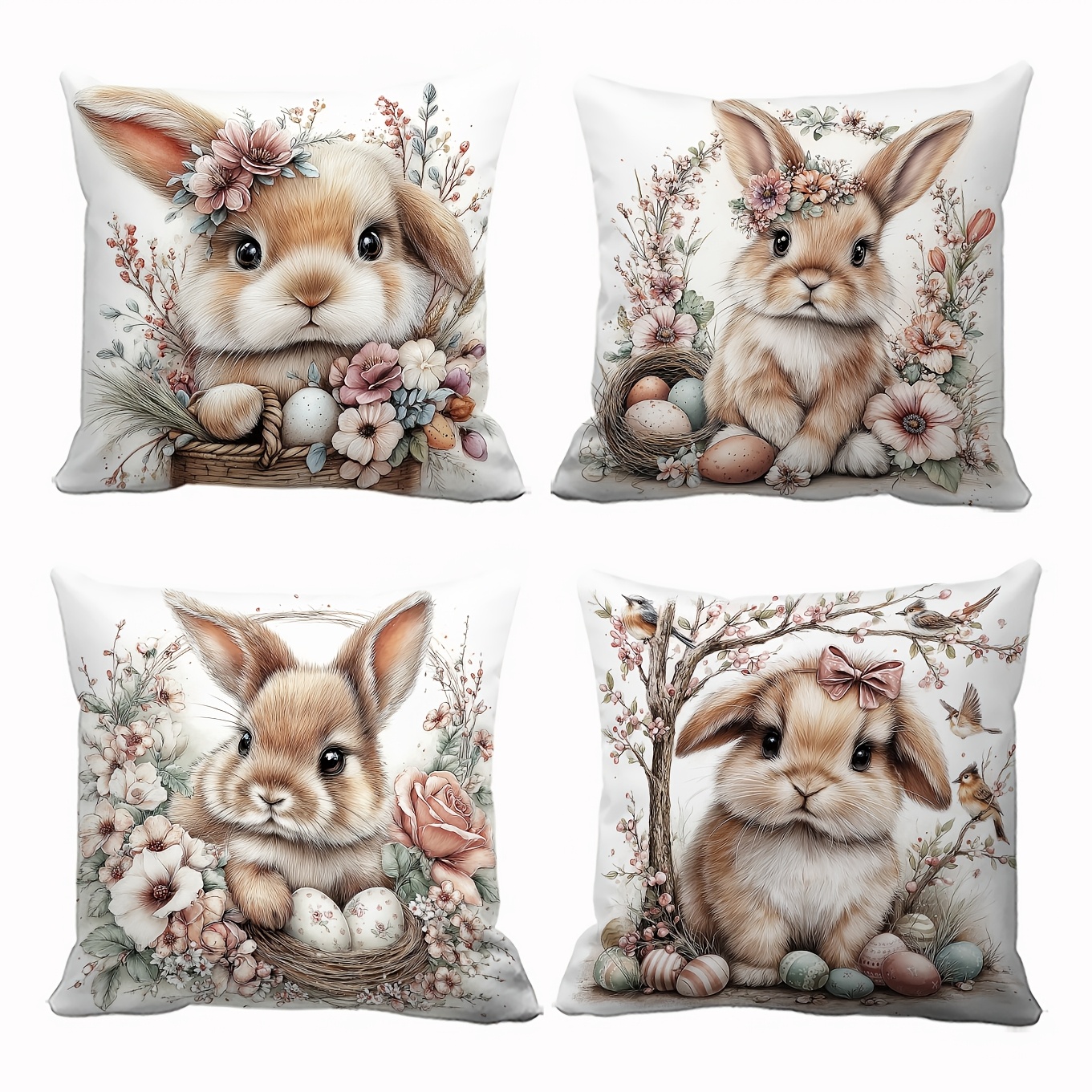 TEMU Ensemble de 4 housses de coussin , Élégantes et Charmantes | Branches Florales de Pâques, Nids d'Oiseaux, Œufs Colorés, Housses de Coussin