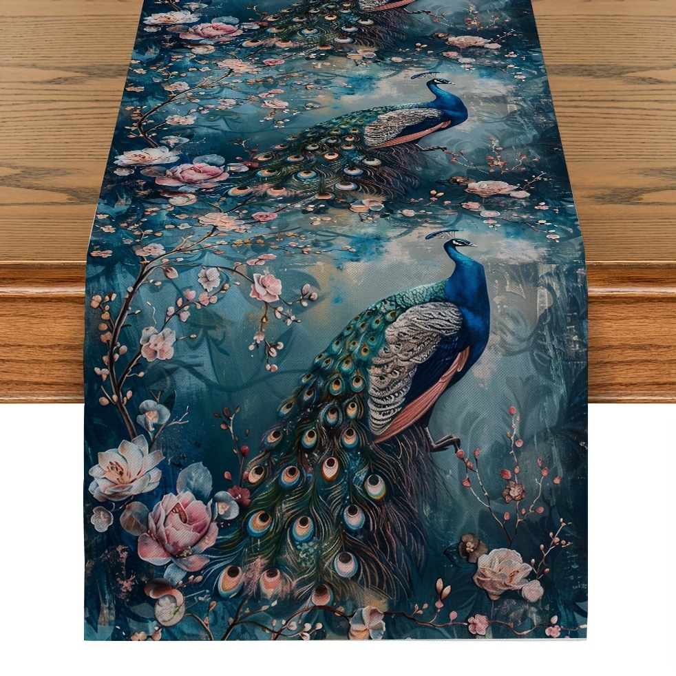 

1pc, Table Runner, Oil Painting Peacock Botanical Floral Pattern Table Runner, Spring Theme Table Runner, Seasonal Kitchen Dining Table Decoration For Indoor, Party Decor