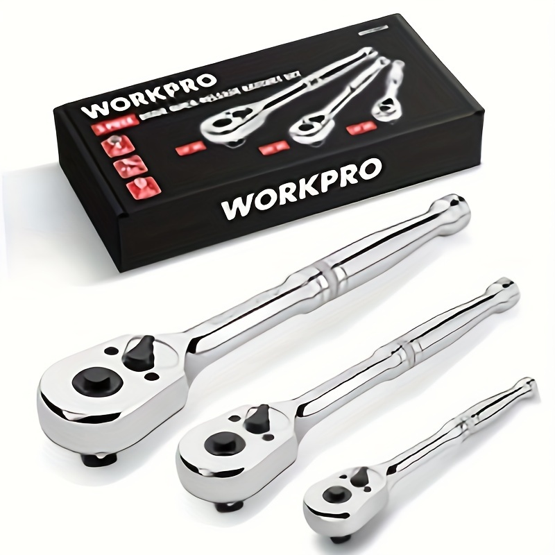 

Workpro 3-piece Ratchet Set, Quick Release Reversible, 72-tooth, 1/4", 3/8", 1/2" Drive Ratchet Wrench, 5 Degree Swing, Chrome Alloy Made, Full Polished, Eva Storage