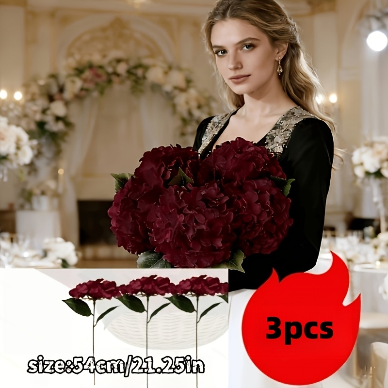 TEMU Paquete de 3 - Flores de hortensia artificiales grandes de 21.25 pulgadas color borgoña | Adecuadas para , hogar, jardín, fiestas, decoración de
