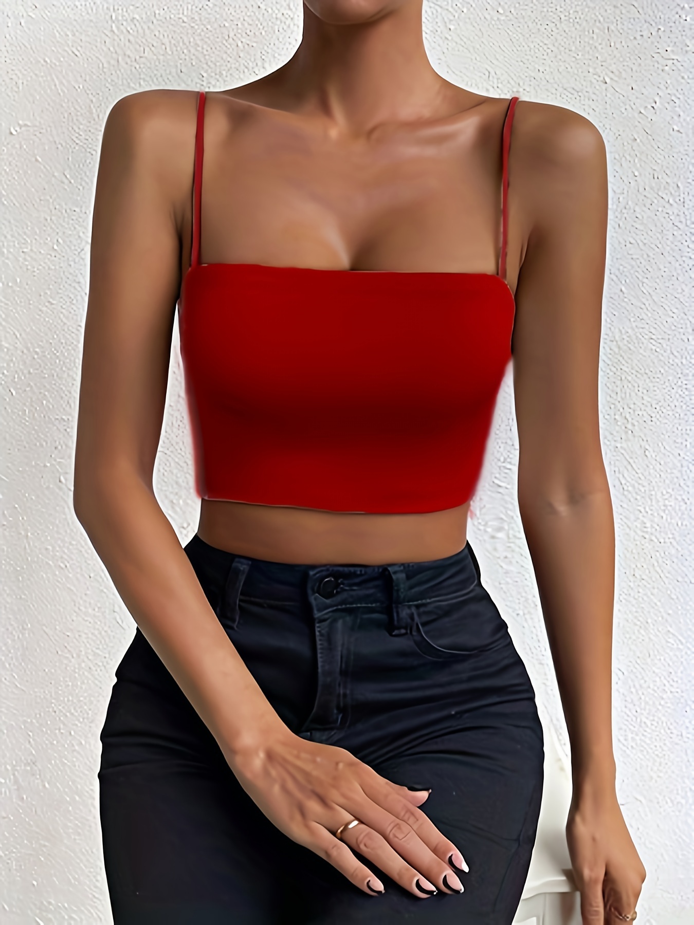 Solid Color Crop Cami Top, Versatile Spaghetti Strap Top For Summer, Women's Clothing