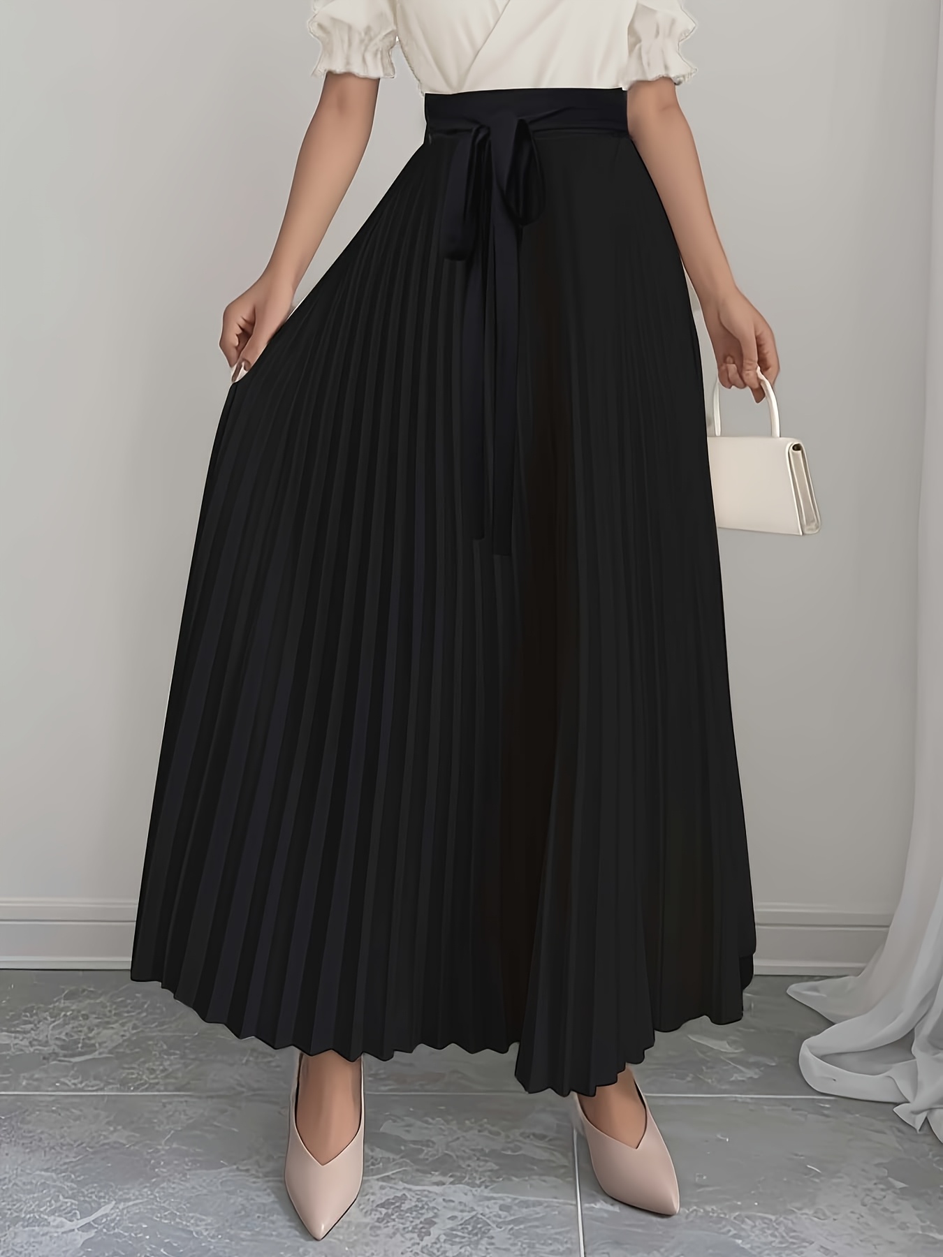 2025 new elegant black pleated midi skirt women high waisted