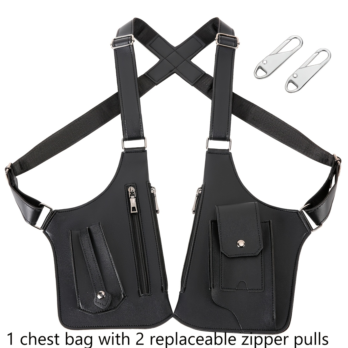 TEMU 3pcs Chest Bag Kit, 1 Synthetic Leather Crossbody Chest Pack   2 Replaceable Zipper Pull Hooks, Adjustable Strap Multi Pocket Utility Chest Bag,