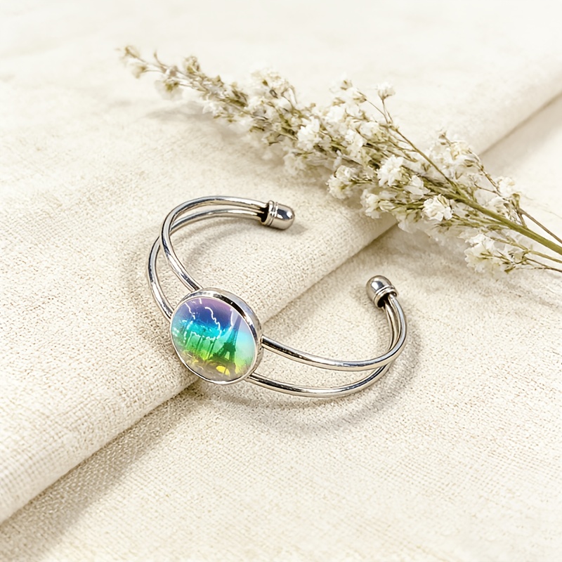 Women's Adjustable Open Bangle with Round Time Gemstone Inlay, Eiffel Tower Design