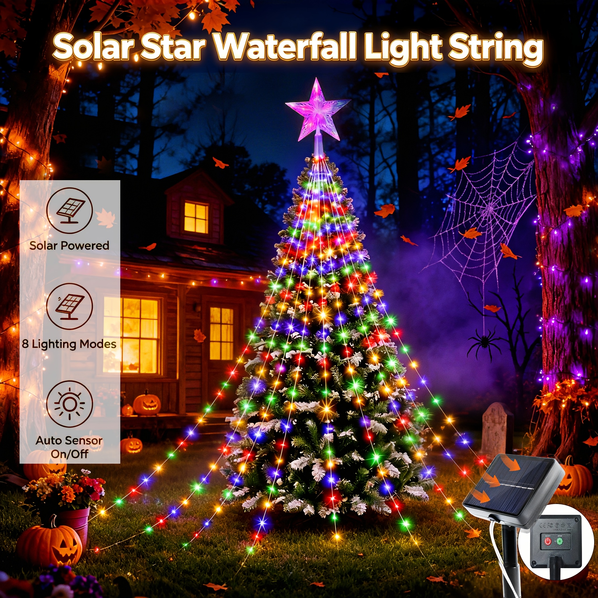 TEMU 1pc Solar Outdoor Waterfall String Lights, Halloween Yard Decor Background Lights. Solar Powered With Auto Light Sensor, 8 Lighting . Festive