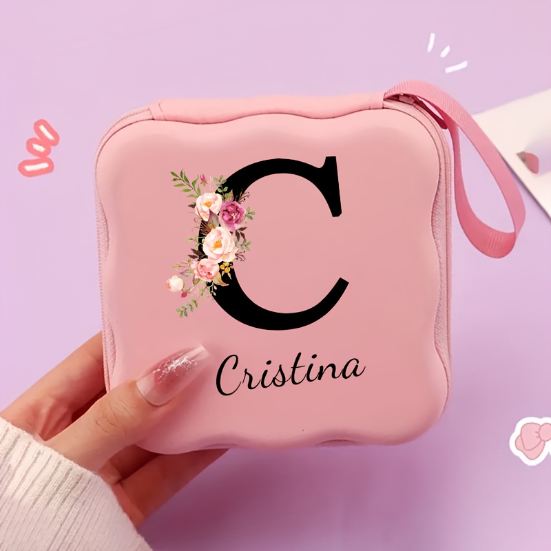TEMU Customizable Square Wavy Large-capacity Cable Organizer Pouch With Initials, Ccd Camera Bag, Portable Travel Earphone Storage Case In Cute