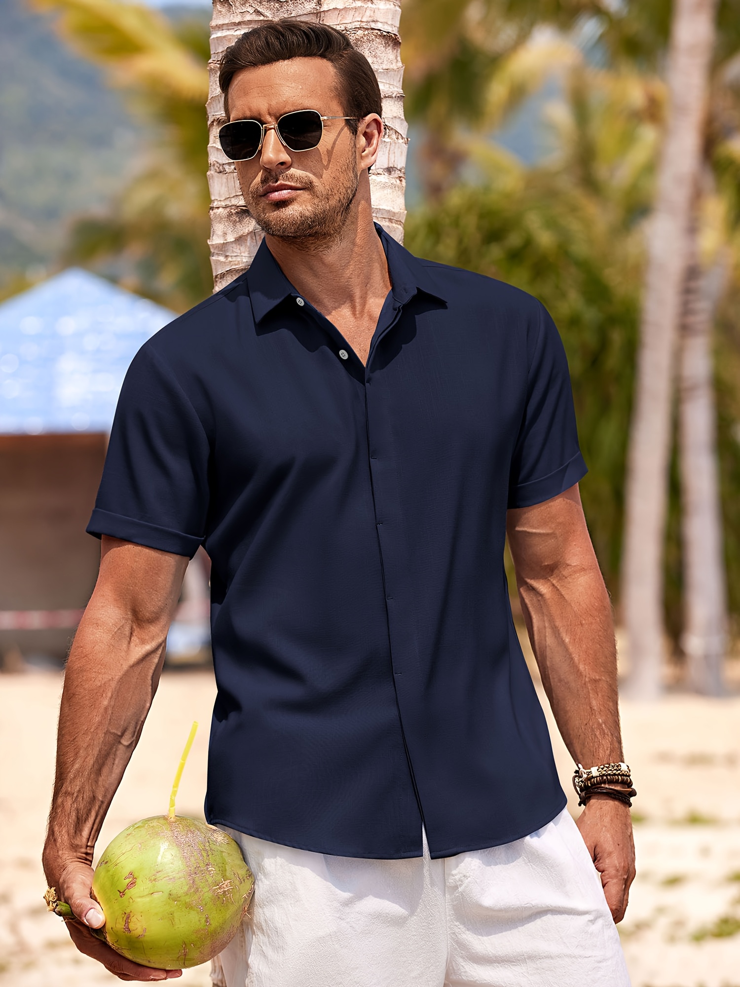 mens beach dress shirts Men's Henley Lace Up Beach Shirt Short Sleeve XX-Large / NATURAL