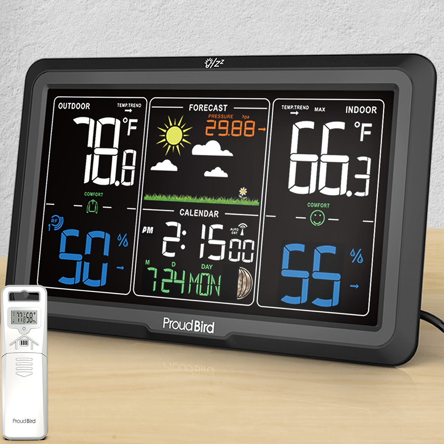 

Weather Station Indoor, Indoor Thermometer With 350° Viewing Angle Large 7.6" Display, Clock, Black