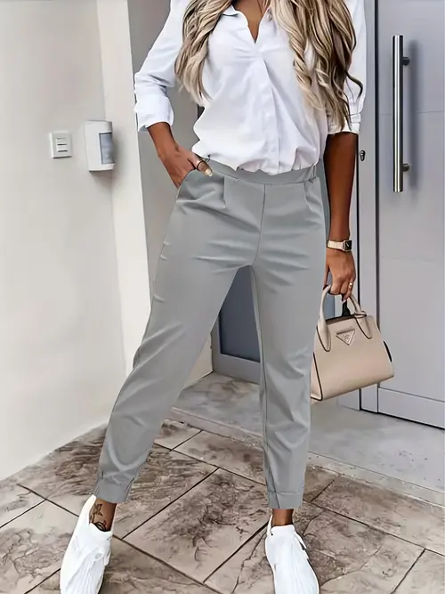 stylish womens casual comfortable polyester blend cuffed pants solid color machine washable versatile trousers for casual attire casual wear pants cuffed ankles smooth texture