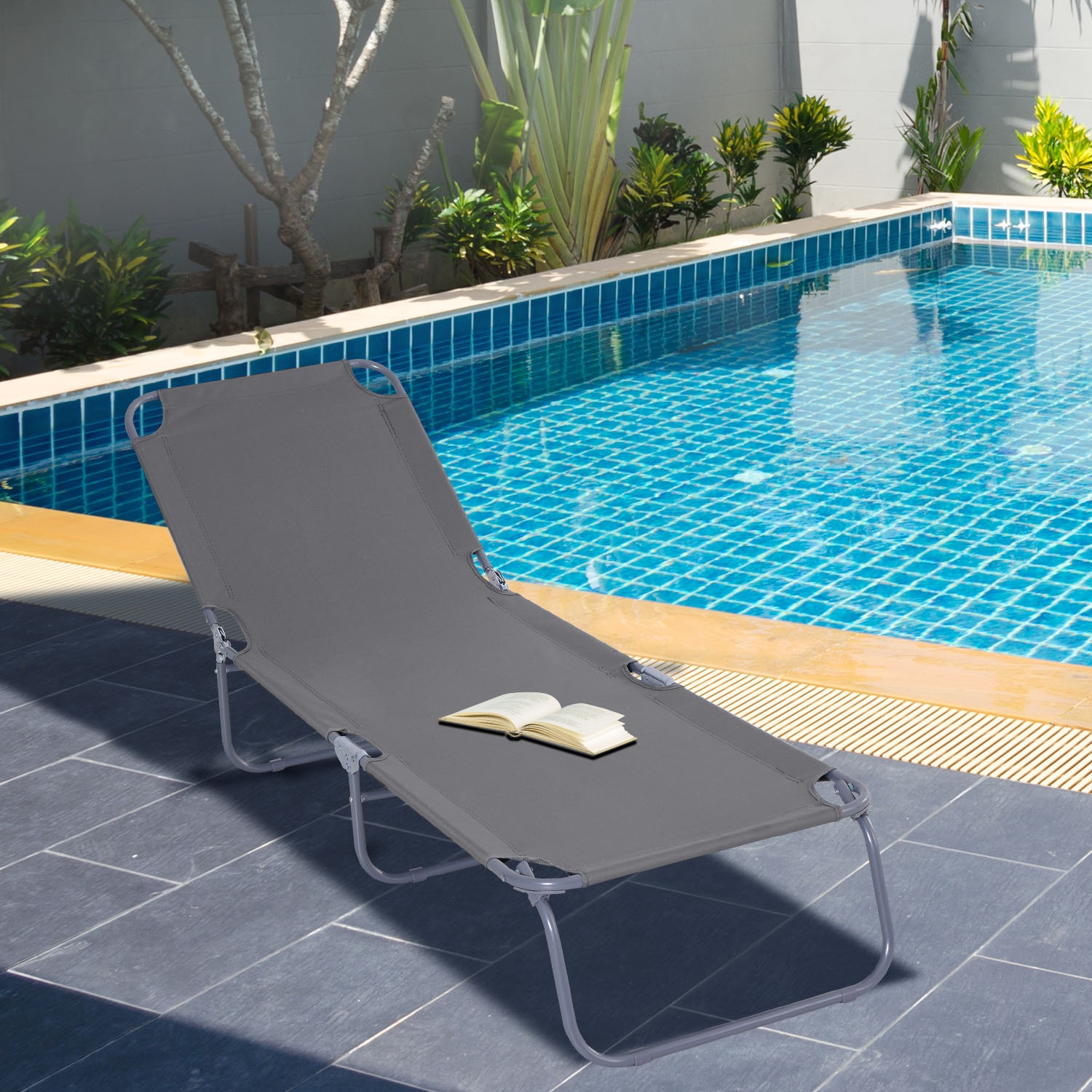 TEMU Chaise longue de détente pliante d'extérieur Outsunny pour terrasse, jardin, piscine, grise
