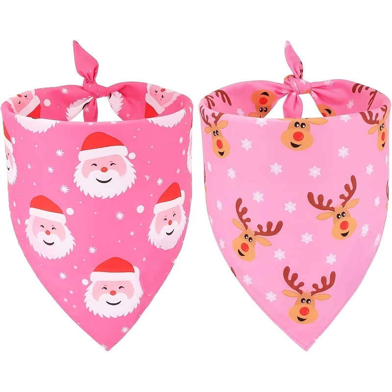 TEMU 2pcs Pink Christmas Bibs, Santa Claus And Reindeer Print Pet Bandanas, Single-sided Print Design, Holiday Christmas Neck Gaiter, Suitable For