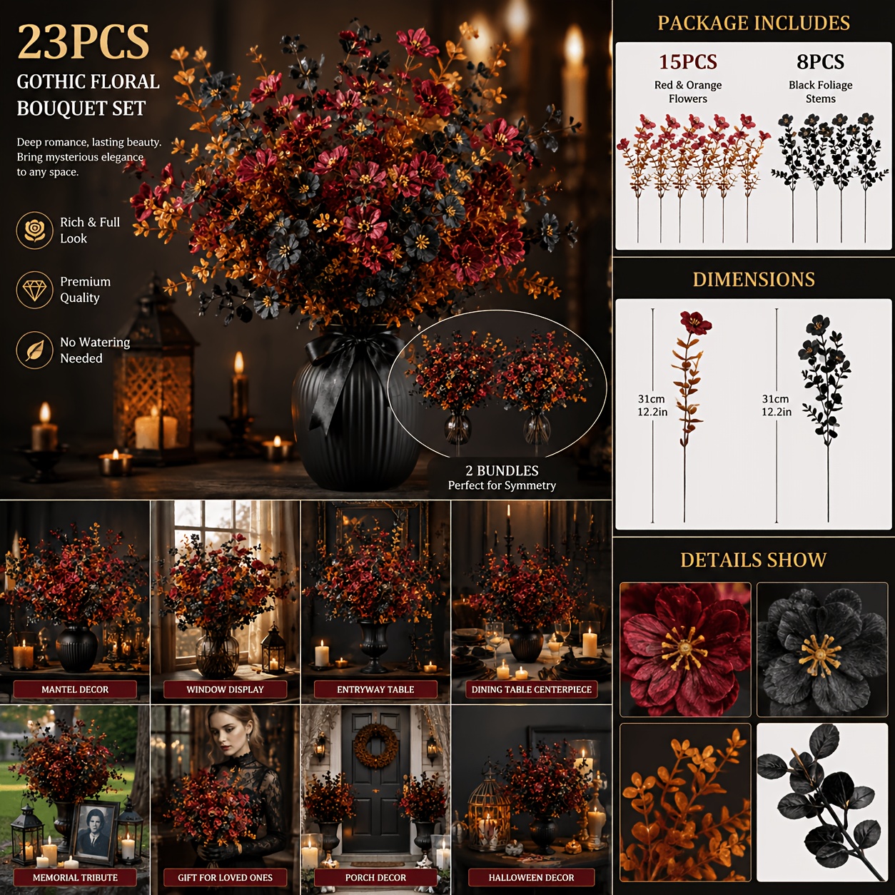 TEMU 23pcs Set Of Burgundy Branches With Black Artificial Flowers, Mysterious Gothic Style Artificial Bouquet Decoration, 31cm/12.2in Autumn
