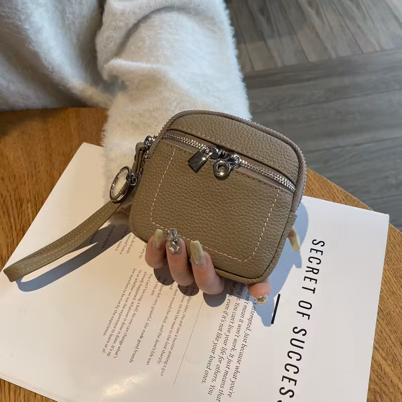genuine genuine leather mini coin purse for women stylish holder with zipper compact lipstick organizer options trendy hand strap design key holder pouch casual carry bag durable zipper closure purse accessories khaki 15