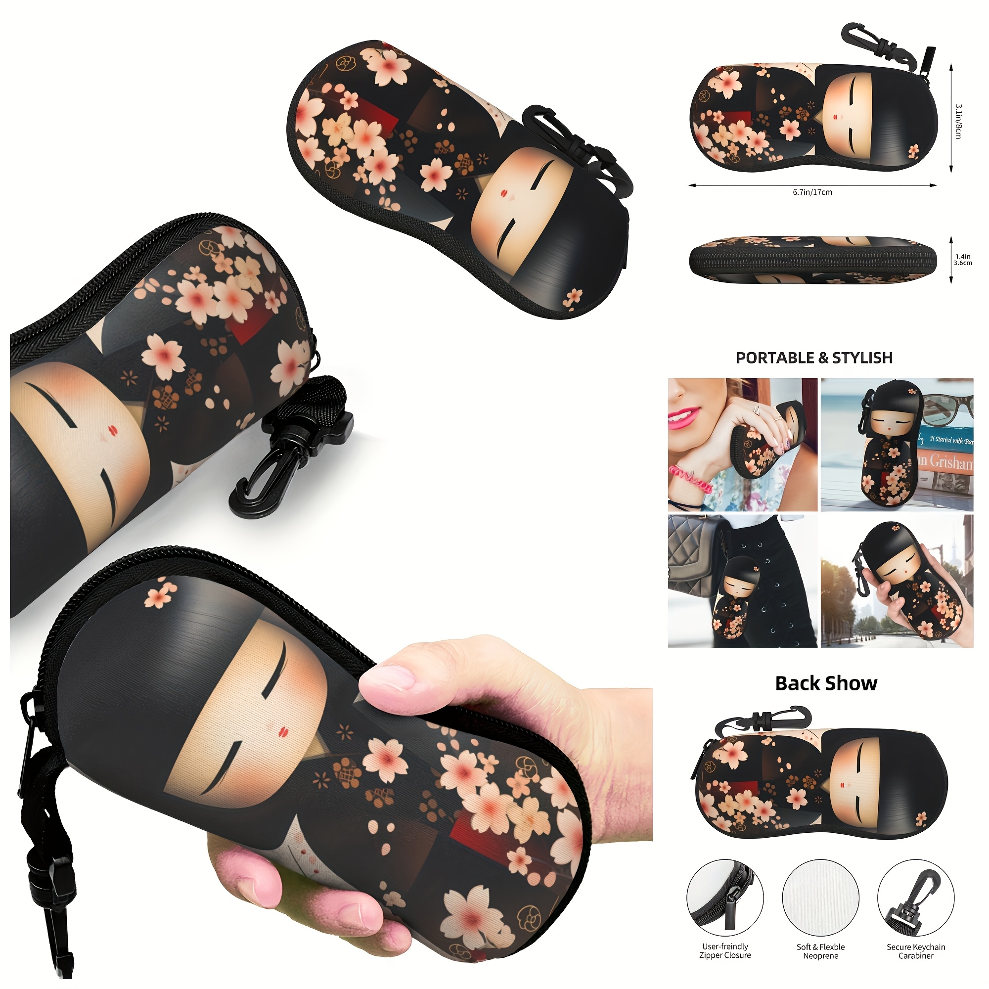 

1pc Japanese Doll Rubber Glasses Case - Zippered Travel Eyewear Pouch, Unisex, Fits Glasses Styles, Portable & Stylish