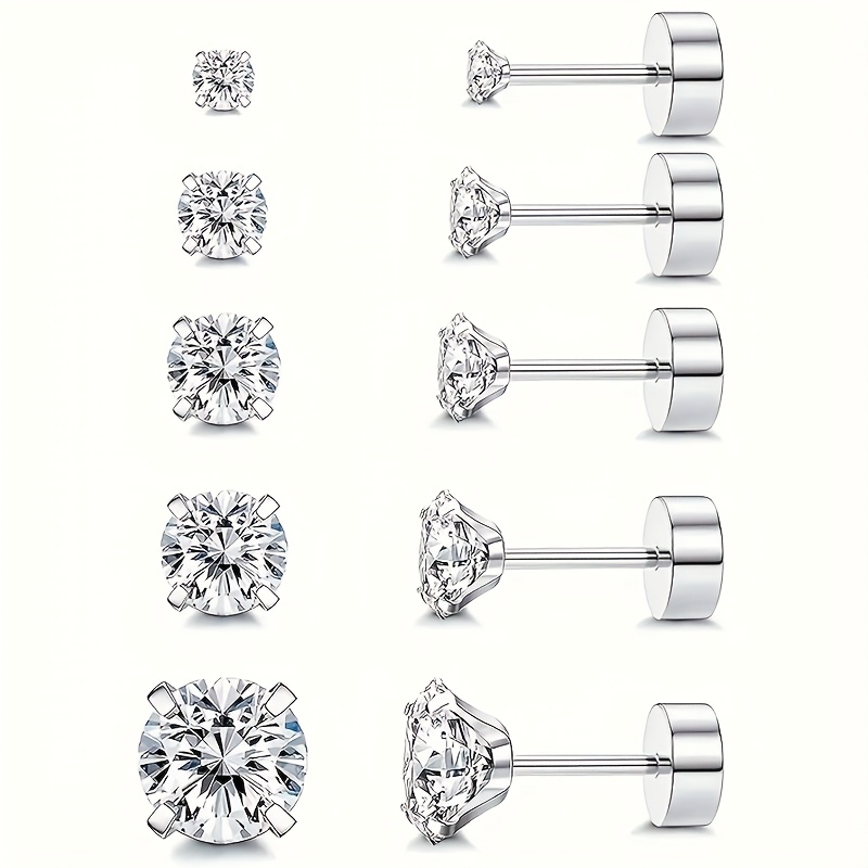 TEMU 2d Flat - 5 Pairs 20 Grams Stainless Steel Flat Back Earrings Women's Men' Steel Earrings Synthetic Square Crystal Zirconia Earrings Cartilage