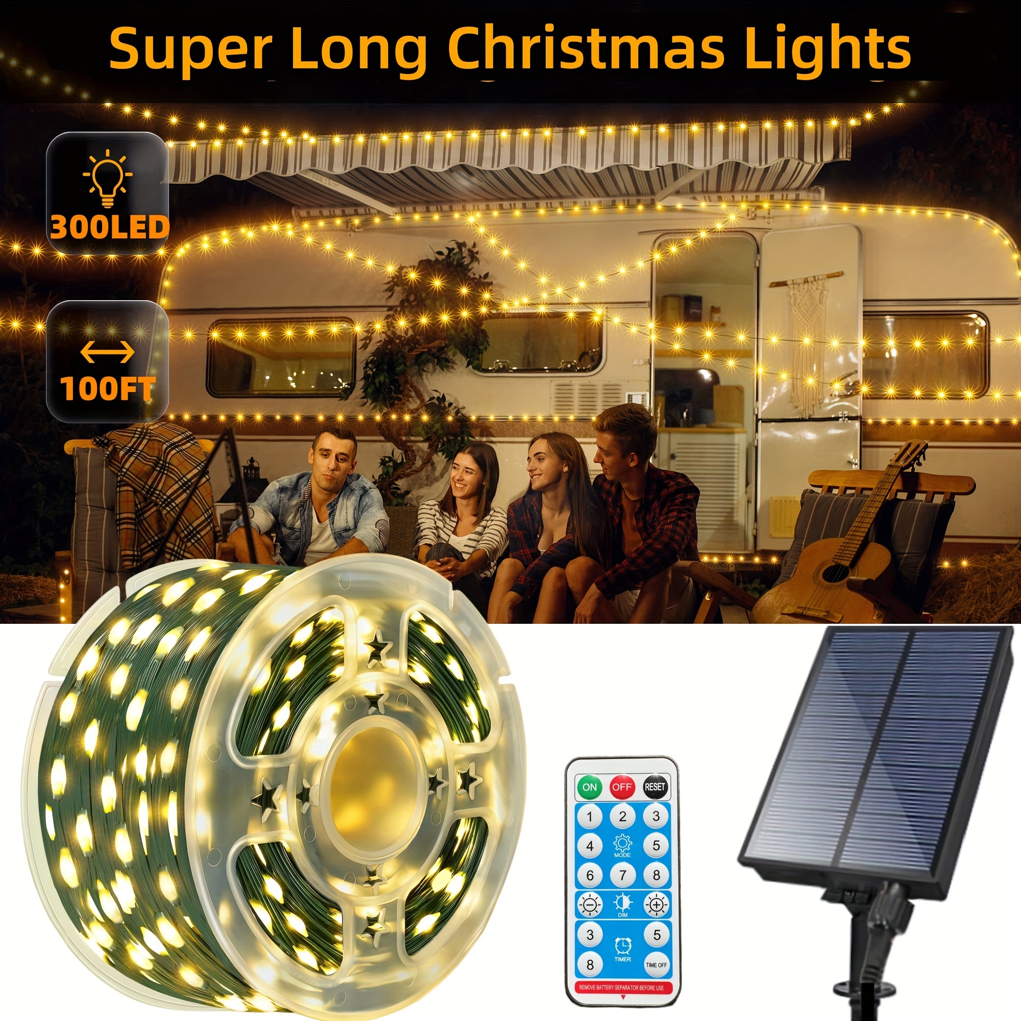 

110ft Solar-powered Led Fairy Lights - 300 Bulbs, Waterproof Outdoor Christmas Tree & Yard Lighting With Remote Control And Timer, Multicolor