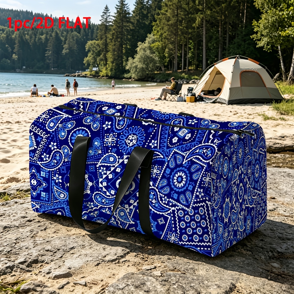 TEMU 1pc Large Capacity Travel Handbag With Blue Paisley Print Suitable For Outdoor Camping Hiking And