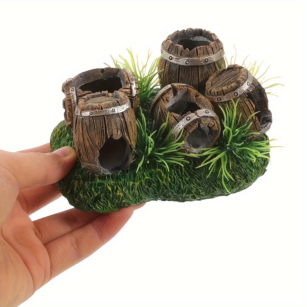 

1pc Fish Aquarium Decoration - Resin Barrel Hideaway Set With Lifelike Grass - Abs For Aquatic Pets