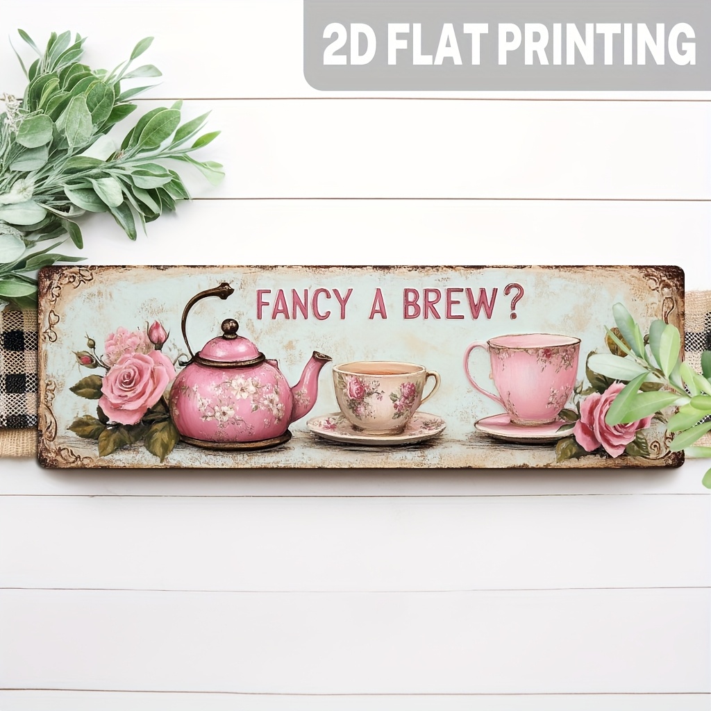 TEMU 2d Flat, 1pc 2d Classic Fancy A Brew? Wooden Sign Pink Floral Tea Pattern Wall Art Vintage Wall Decor For Kitchen, Dining Room, Coffee Shop,
