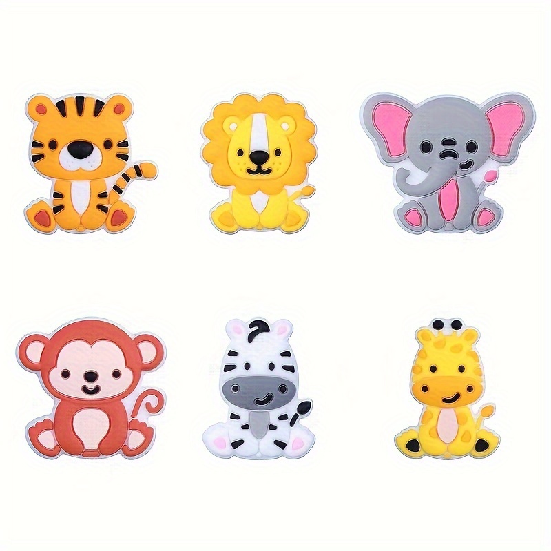 Image of 6pcs Vibrant Cartoon Animal Silicone Beads - Tiger, Lion, Elephant & More | Ideal For , Keychains & Crafts | Cute And Colorful Shapes For , Silicone Character Beads