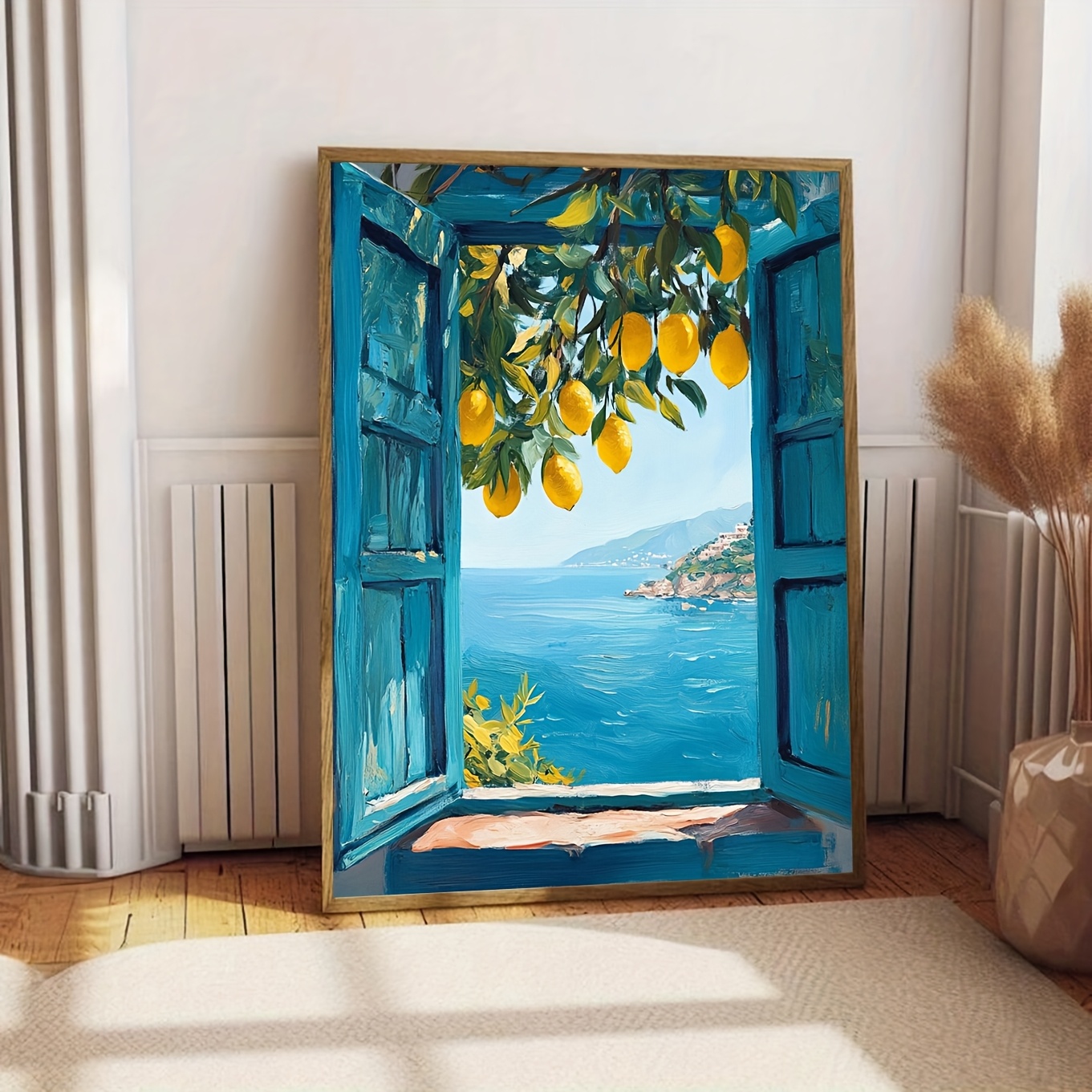 E-shop 1 Stück -Küsten-Zitronenbaum Wandkunst Poster - Italienisches Meereslandschaftsgemälde mit offenem Fenster, Leinwanddruck - Vintage Mediterrane