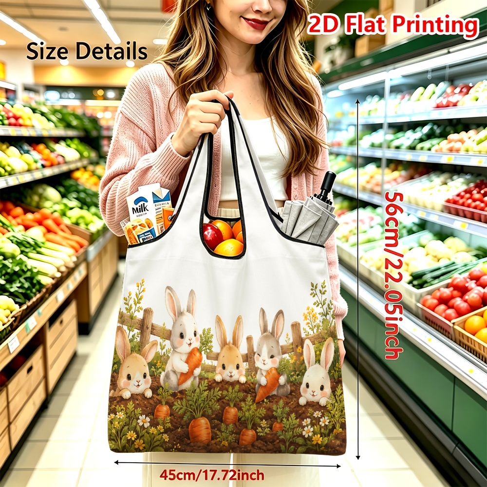 TEMU 1pc Reusable Tote Bag Large Capacity Foldable Portable For Daily Grocery Shopping Outdoor Picnic Travel With Cute Rabbit Print