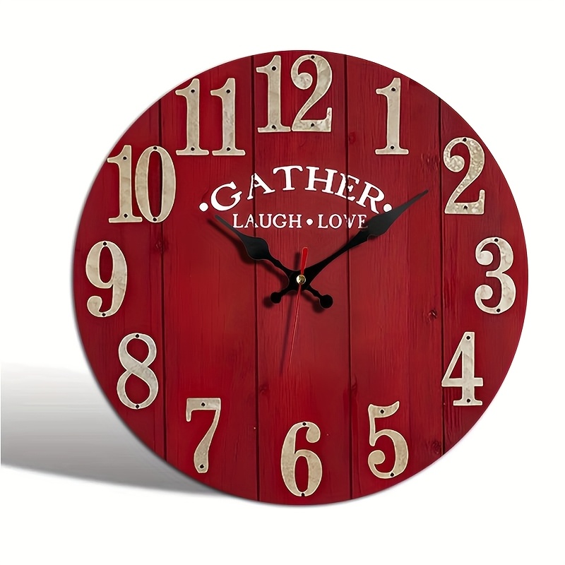 TEMU 1 Round Clock, Red Clock, Simple And Elegant Style, Silent Quartz Round Wooden Clock, Suitable For Bedroom, Living Room, Office, Kitchen,