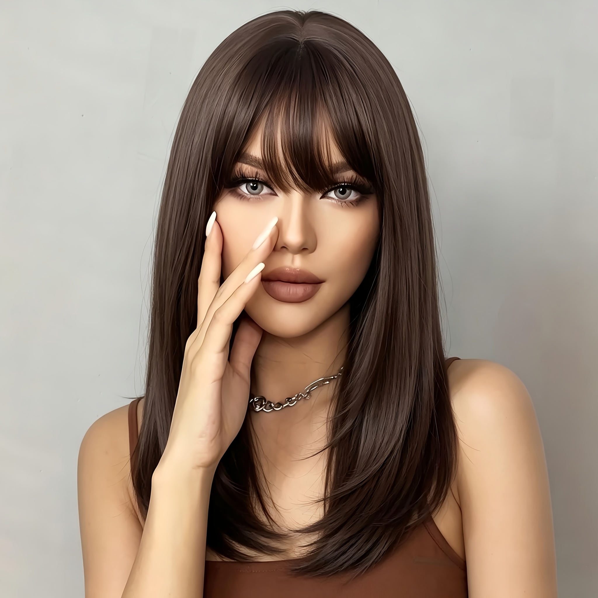 TEMU Acag 18-inch Korean Style Air Bangs Straight Medium Long Hair Women's Wig Y2k Halloween Kpop Anime Cosplay Music Festival Date High Temperature
