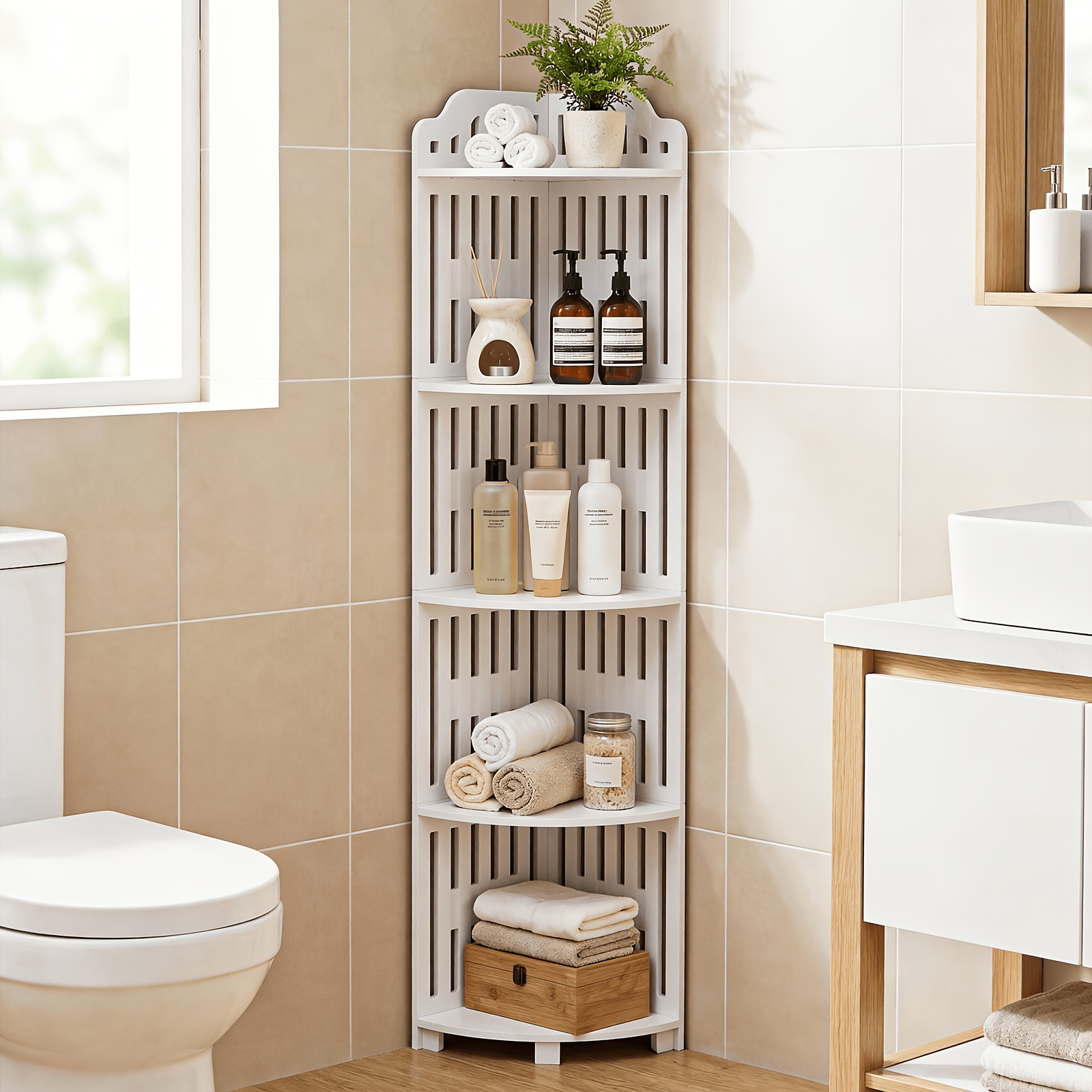 TEMU Gabinete de almacenamiento para baño, estante de esquina para baño con diseño de de para esquinas, almacenamiento de capacidad de 5 niveles, PVC