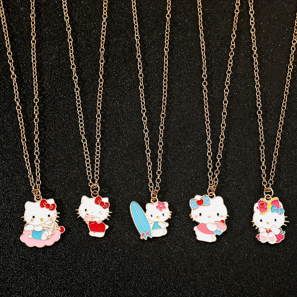TEMU Set Of 5 Sanrio Hello Kitty Necklaces - Adorable Alloy Animal-themed Charms, Suitable For Everyday Use And Gifting, No Batteries Needed, In All