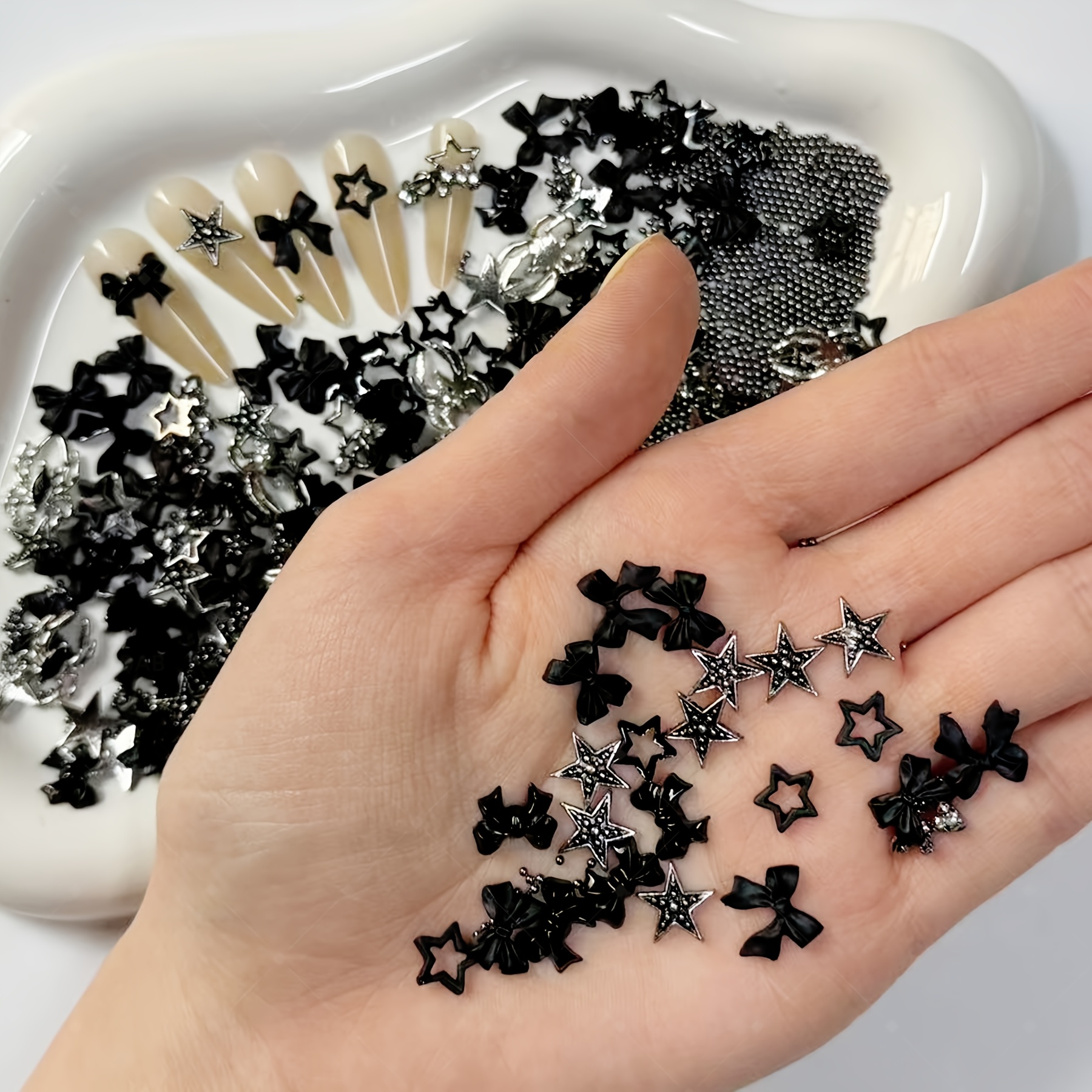 TEMU 200pcs Black And Alloy Silvery Nail Accessories Set, 3d Flat Bottom Resin Bow And Stars, Suitable For Diy Nail Art, Acrylic Nail Art, Hand And