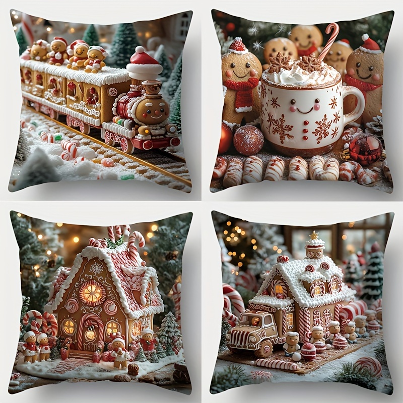 

4- Christmas Cushion Covers, , Polyester , Printed & , & , Zippered Pillowcases For Decor