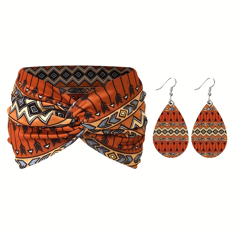 Image of 3pcs/set Fashion Printing Widened 1pc Headband Plus 1 Pair Of Earrings Women's Headband And Women's Earrings Set Colorful Suitable For Daily Use