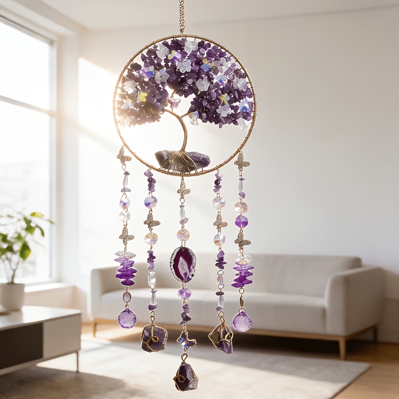 TEMU 1pc Elegant Large Purple Agate Gemstone Dreamcatcher, Tree Of Life Sun Catcher Wall Decor, Natural Agate Crystal Wind Chime, Suitable For Home