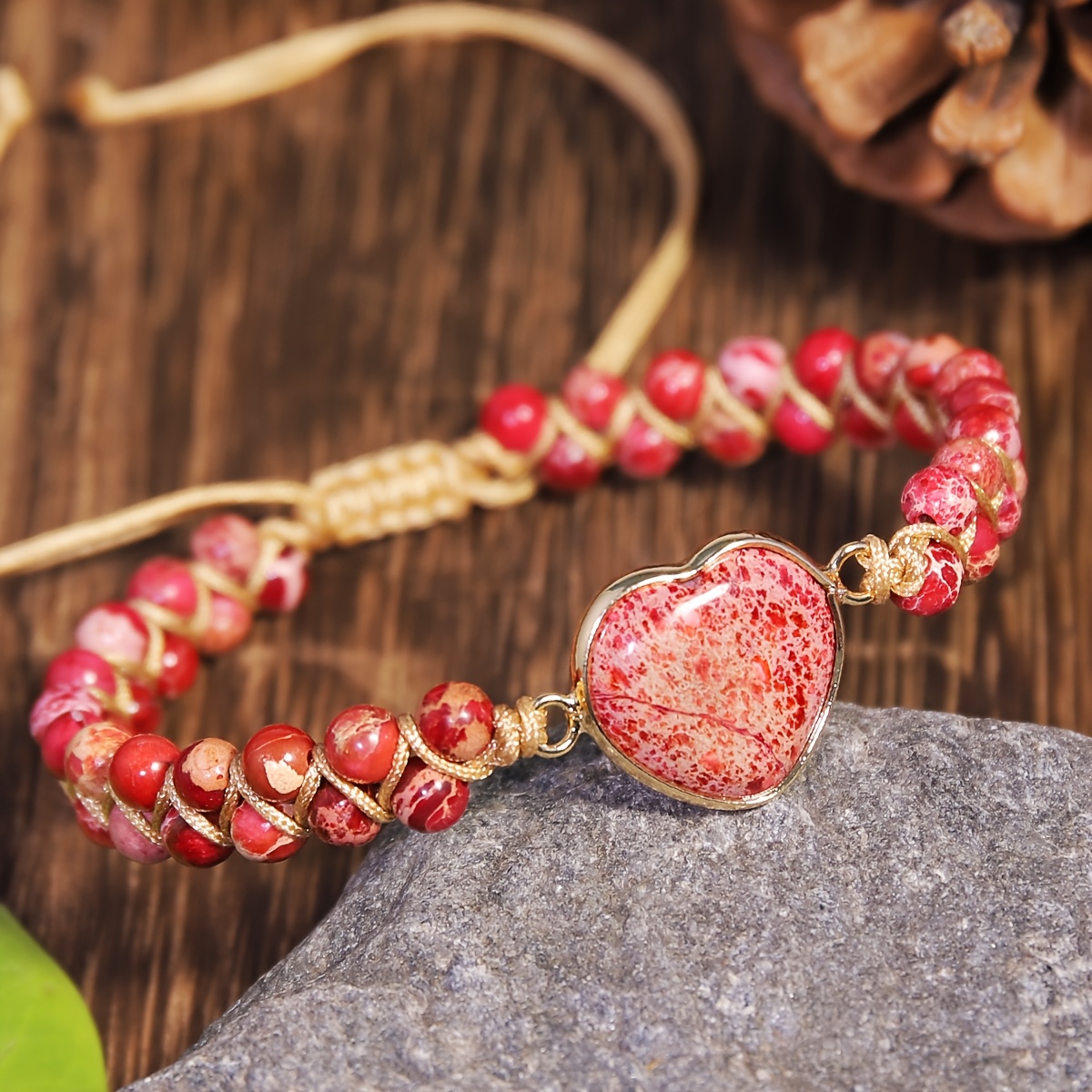 Natural Red Emperor Stone Double-Layer Braided Heart Pendant Bracelet
